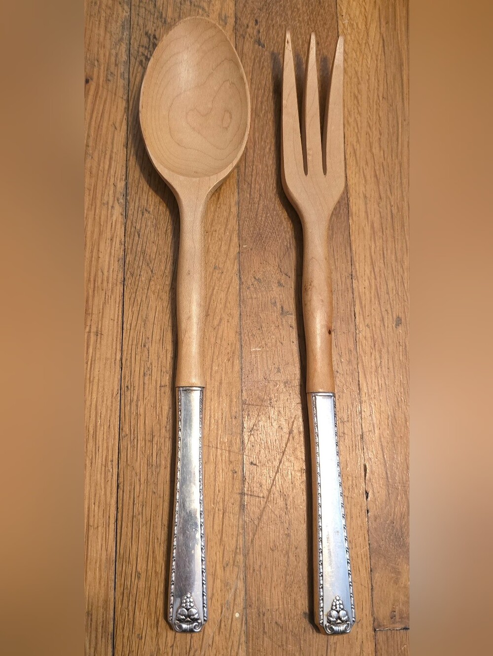 Vintage Wood Salad Serving Set with Silver Plate Handles